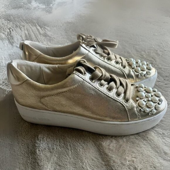 Michael Kors Gold Foil Sneakers 7.5 with Pearls and Rhinestones - Picture 3 of 9